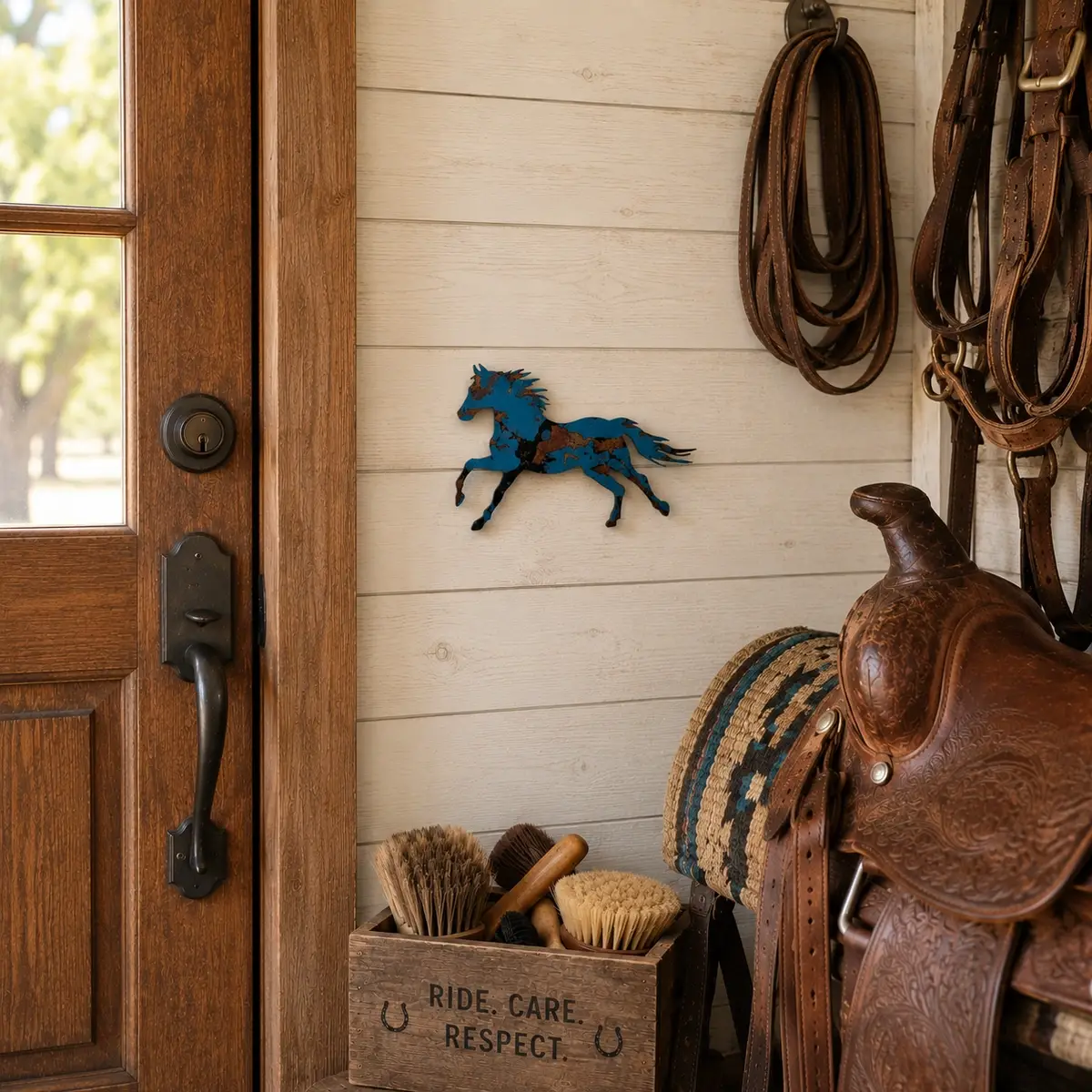 horse in saddle room