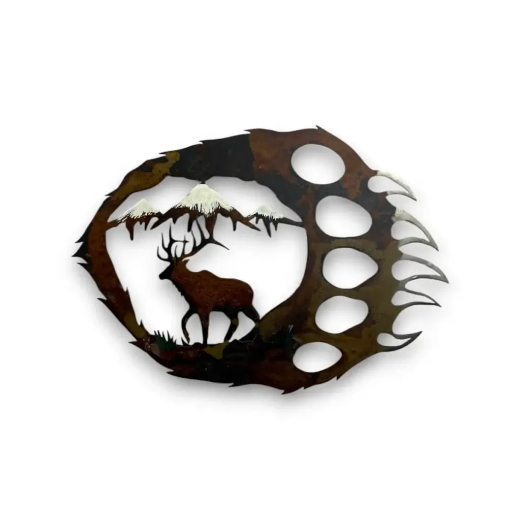 3D metal art of elk and a bear paw
