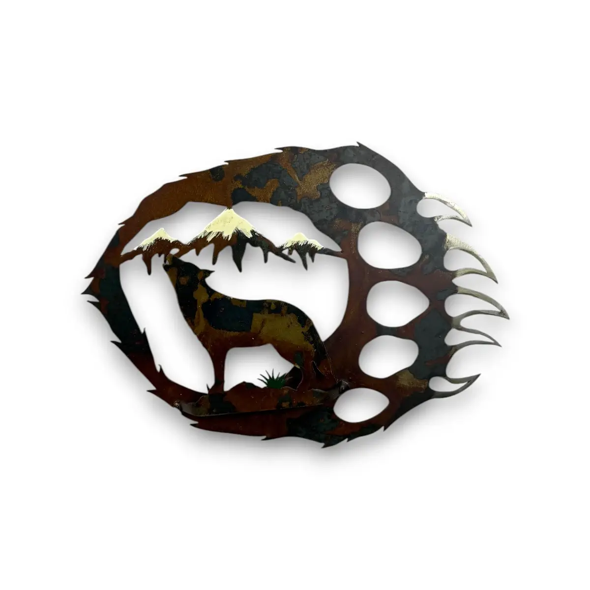 3D metal art of wolf and a bear paw
