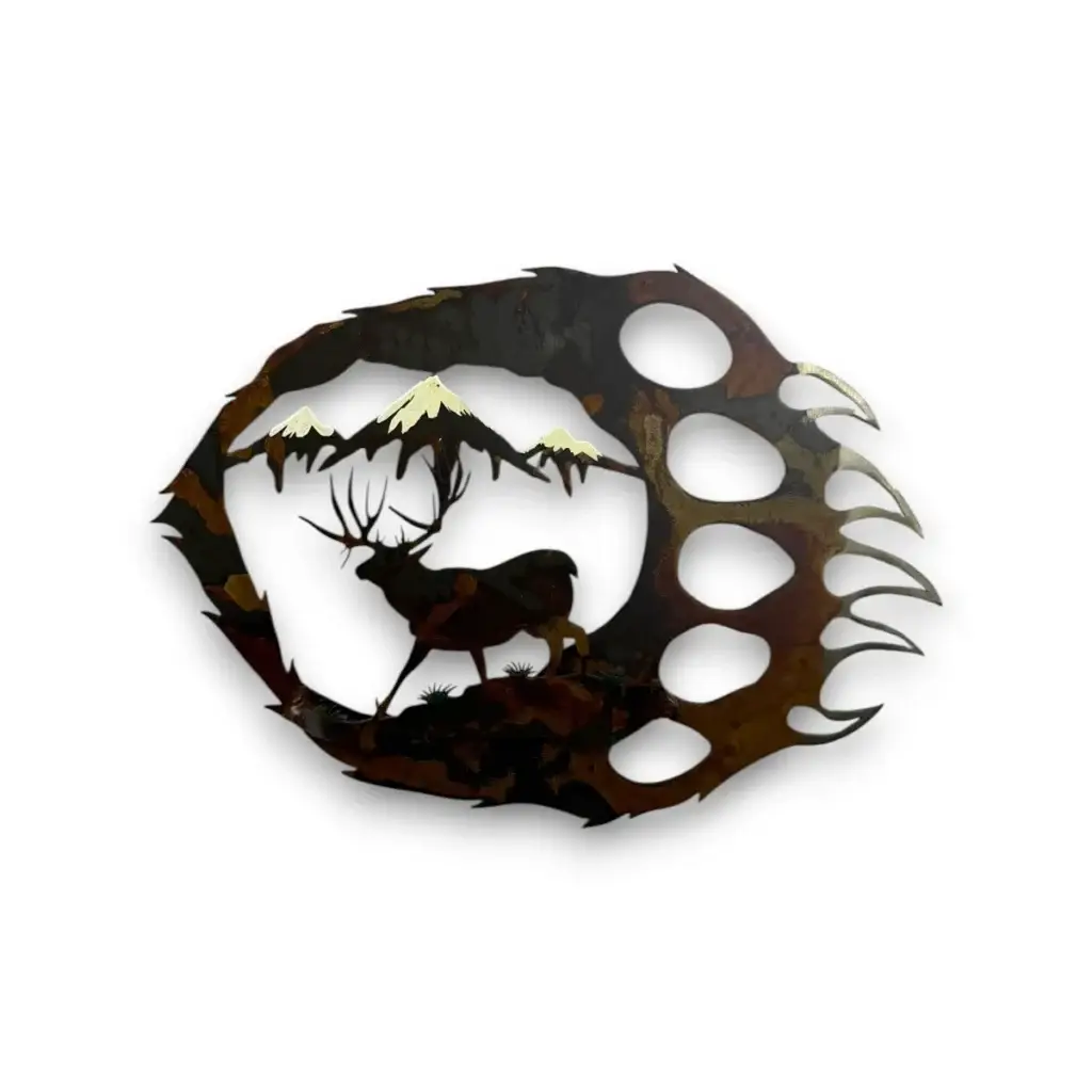 3D metal art of mule deer and a bear paw