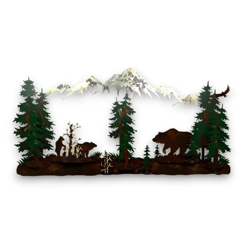 grizzly bear family in the woods with mountain background