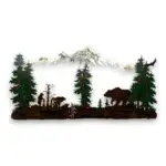 grizzly bear family in the woods with mountain background
