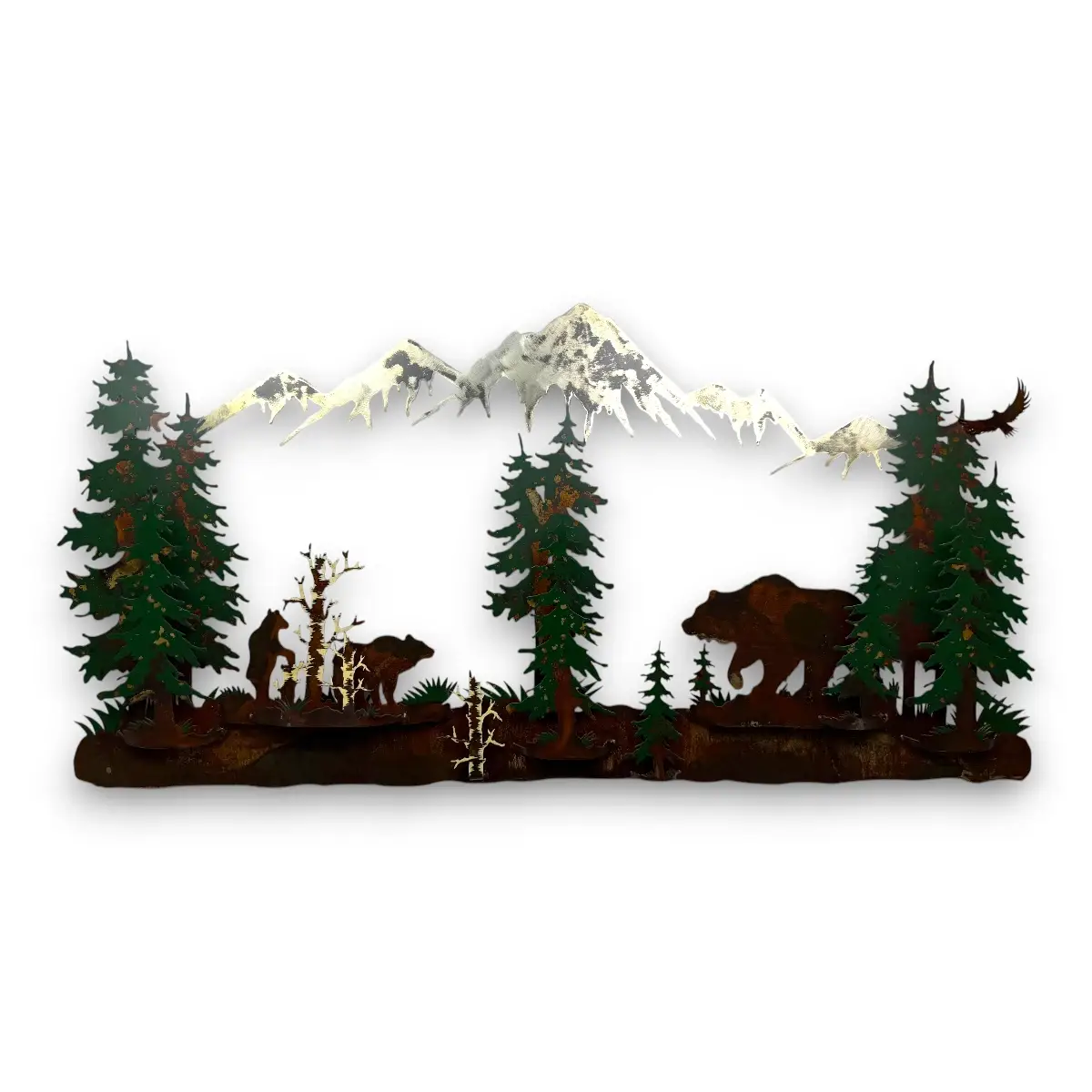 grizzly bear family in the woods with mountain background