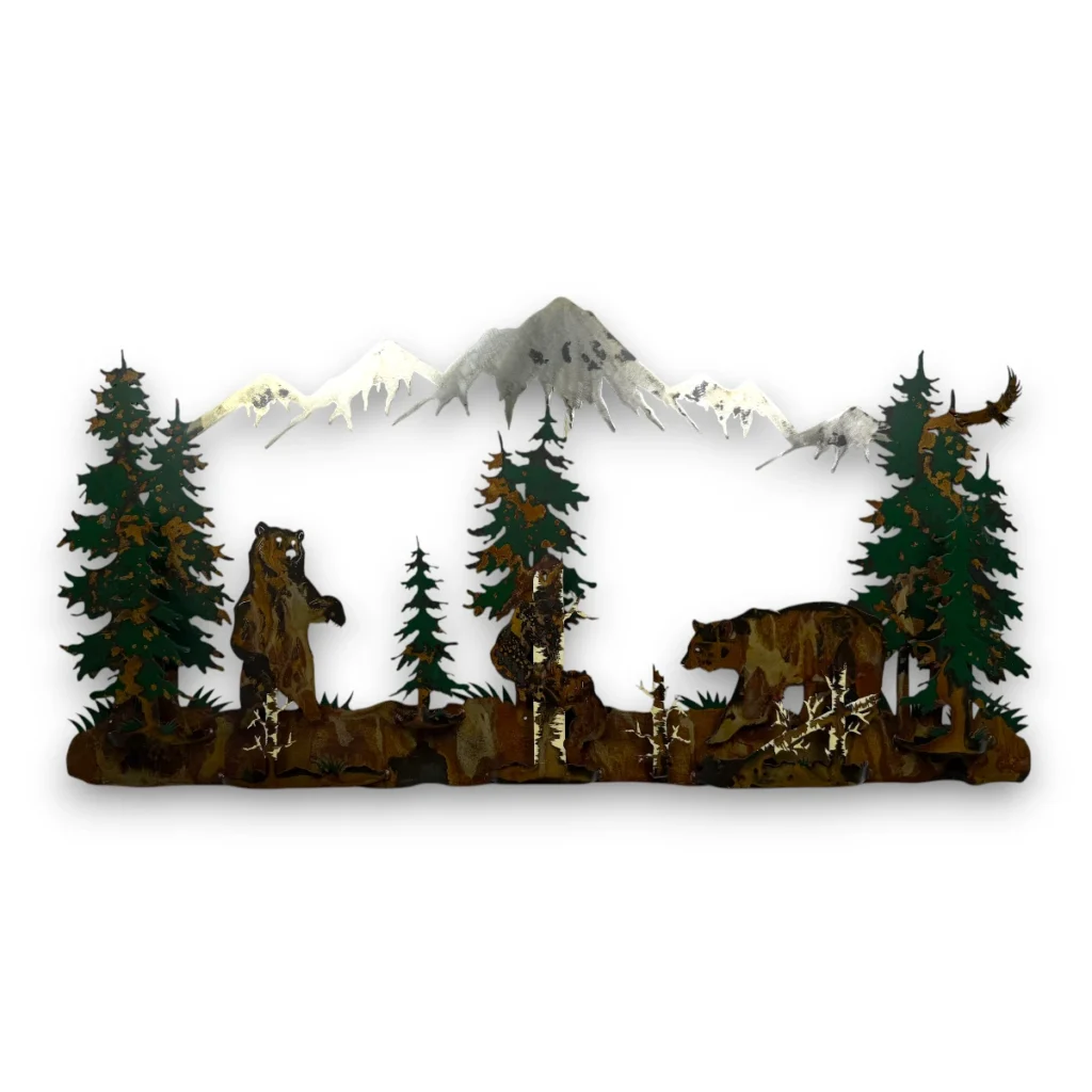 black bear family with mountain scene
