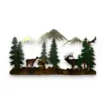 elk family with mountain scene and trees