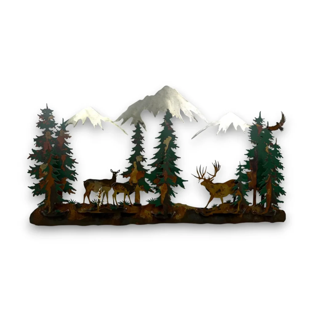 mule deer family with mountains and trees