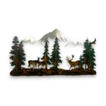 mule deer family with mountains and trees