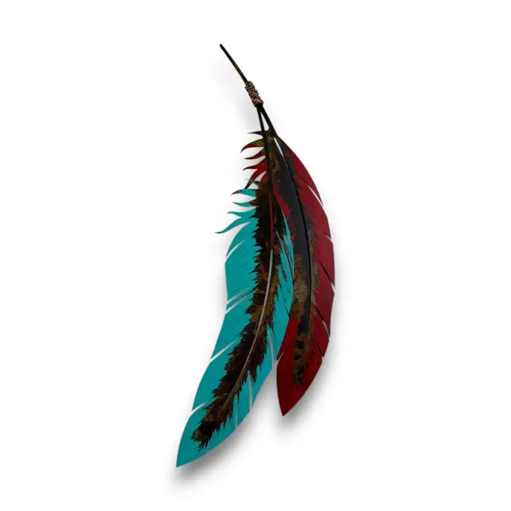 red and turquoise metal art feathers