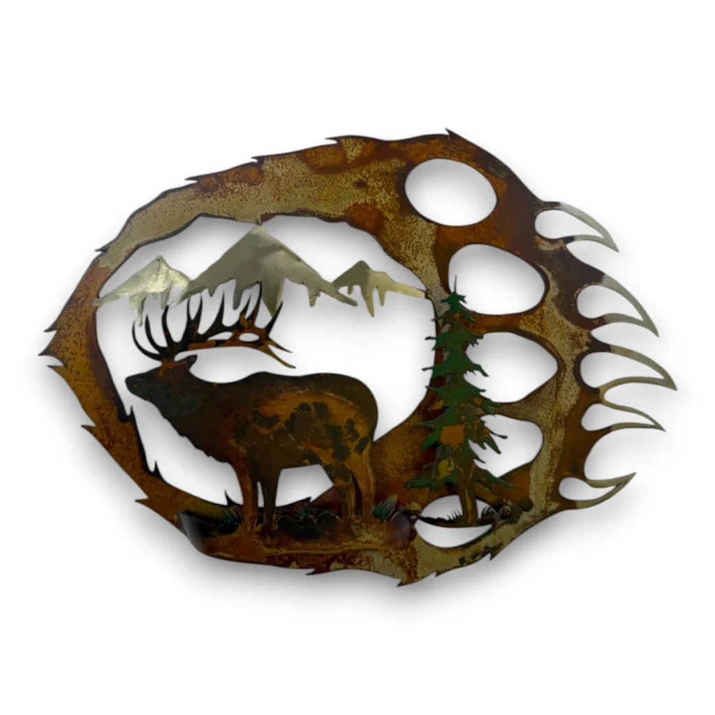 3D metal art of a bear paw and an elk