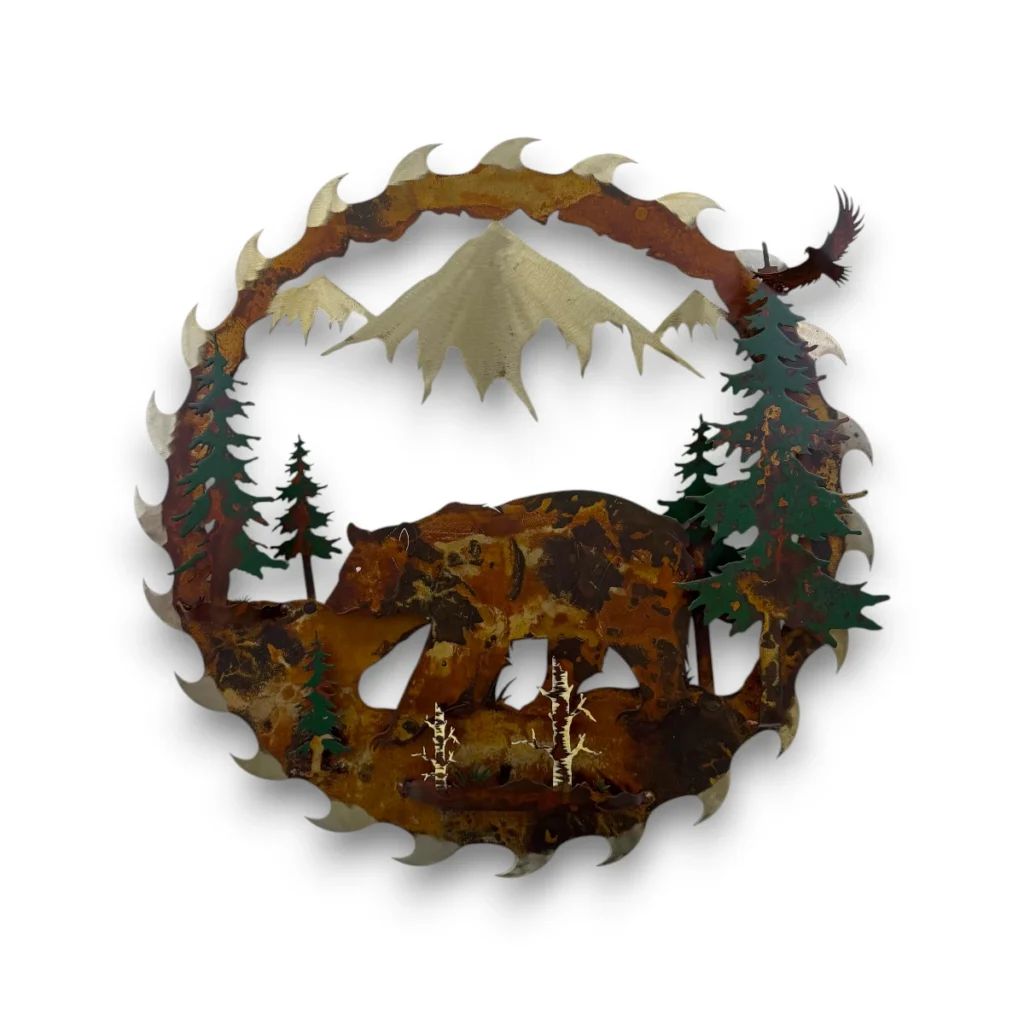 3D metal saw blade scene with a bear