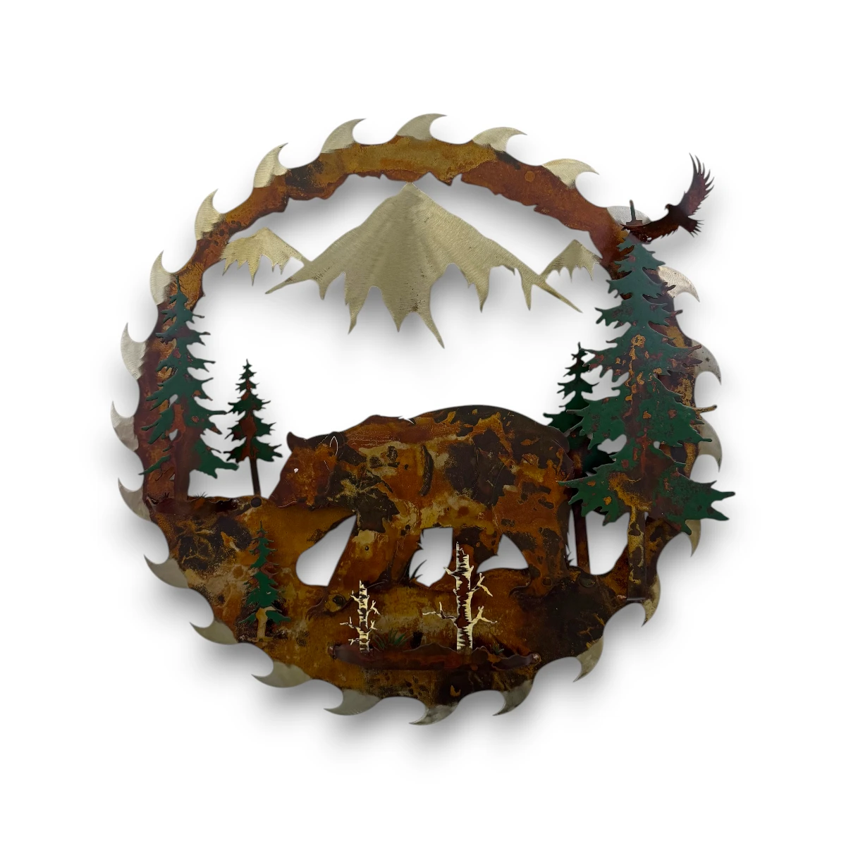 3D metal saw blade scene with a bear