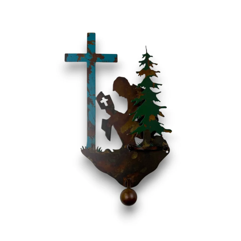 3D metal art Single Coat Hook with Praying Cowboy / Tree in blue turquoise front view