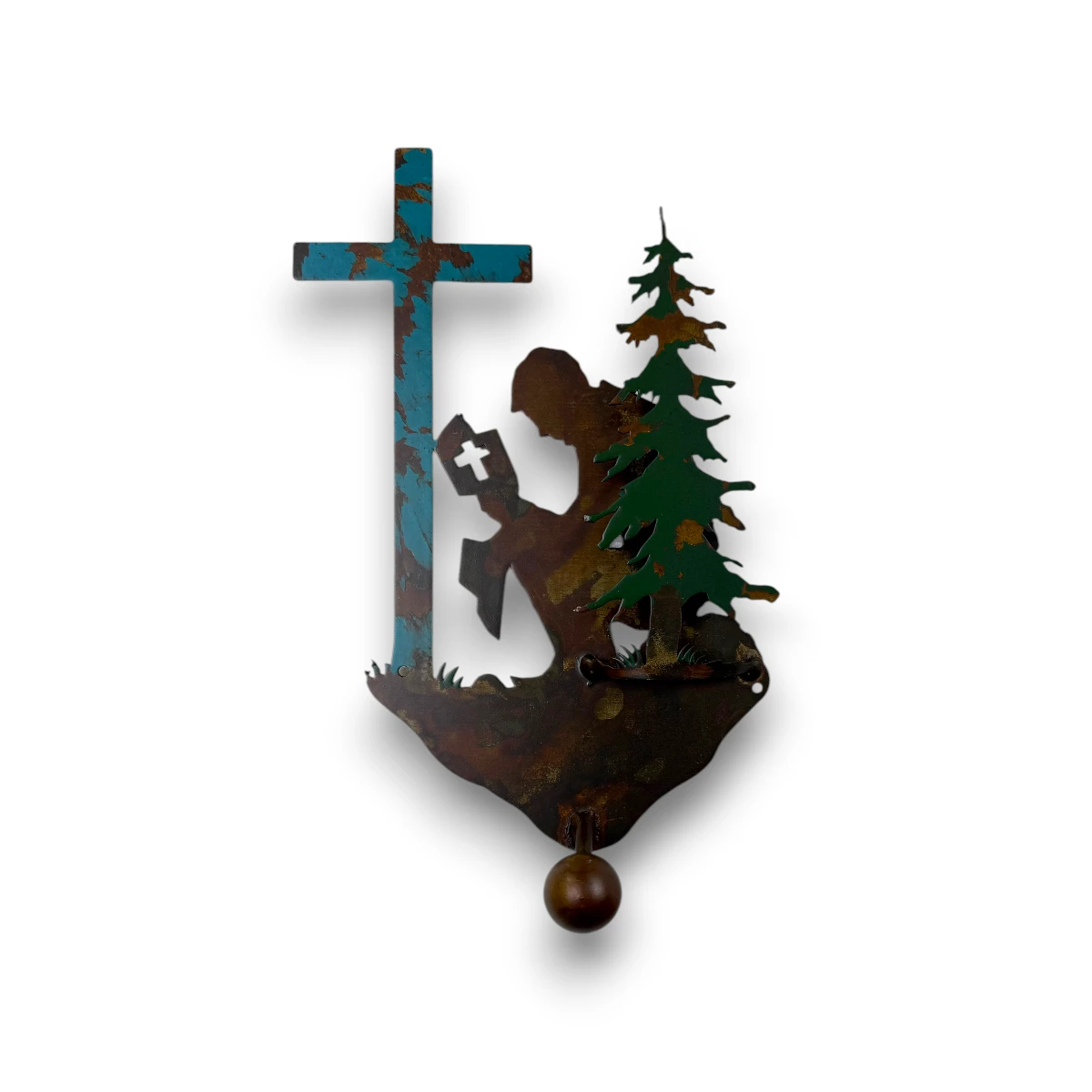 3D metal art Single Coat Hook with Praying Cowboy / Tree in blue turquoise front view