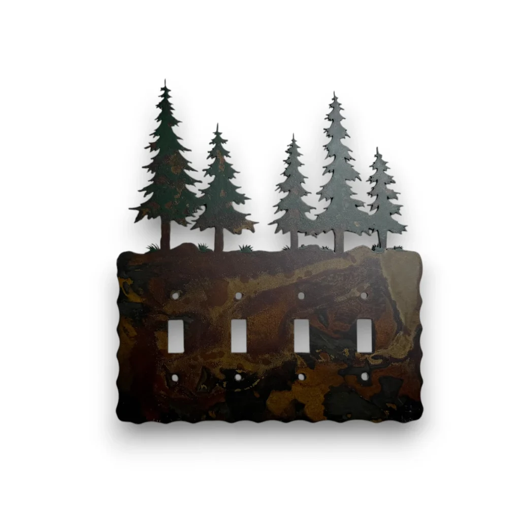 quad metal light switch covers with pine trees