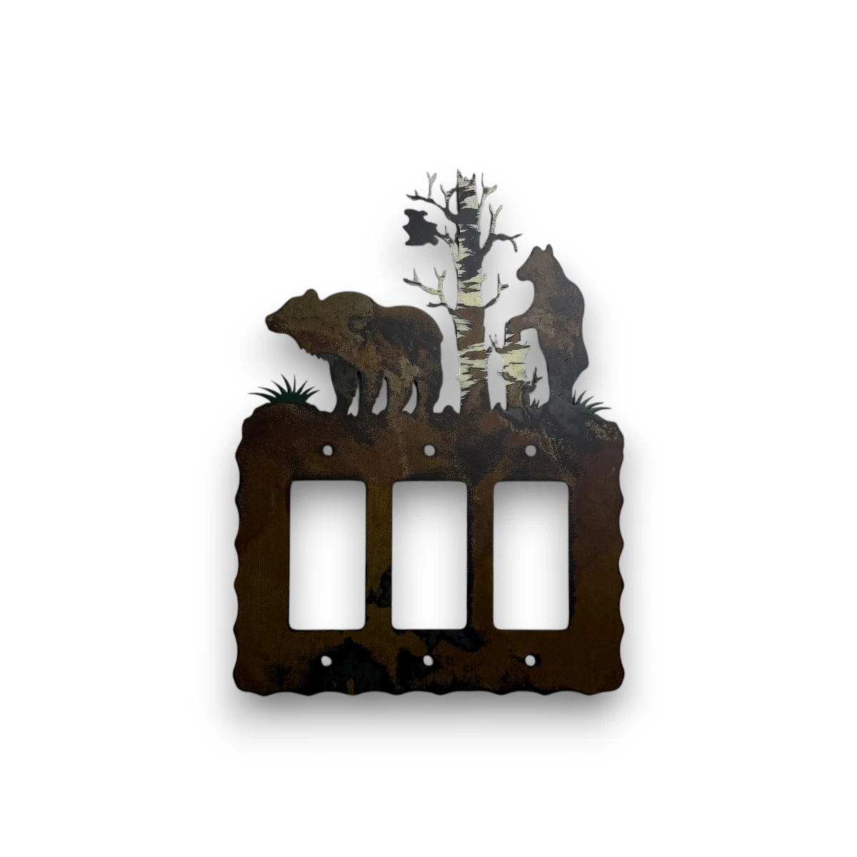 metal-wall-art-design-689L-triple-rocker-light-switch-cover-bears-aspen-tree bears and aspen tree on a metal triple rocker switch cover