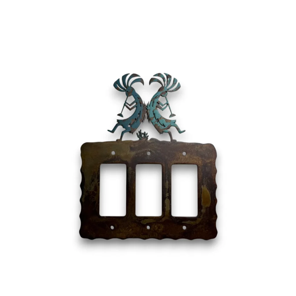 Kokopelli on a metal triple rocker switch cover