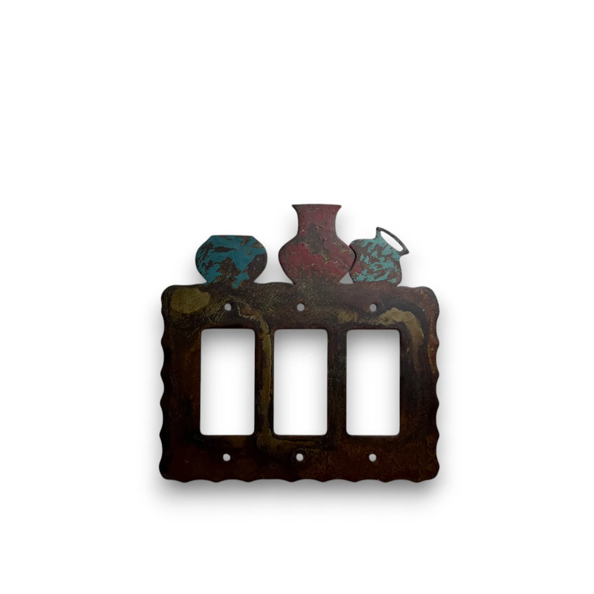 metal-wall-art-design-696-triple-rocker-light-switch-cover-pottery pottery on a metal triple rocker switch cover