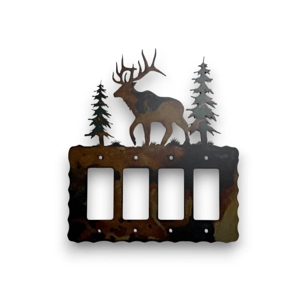 quad metal rocker light switch cover with elk and pine trees