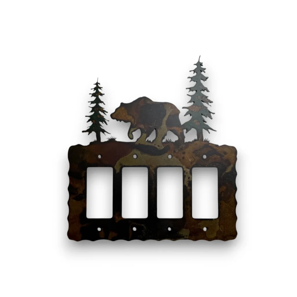 quad metal rocker light switch cover with bear and pine trees