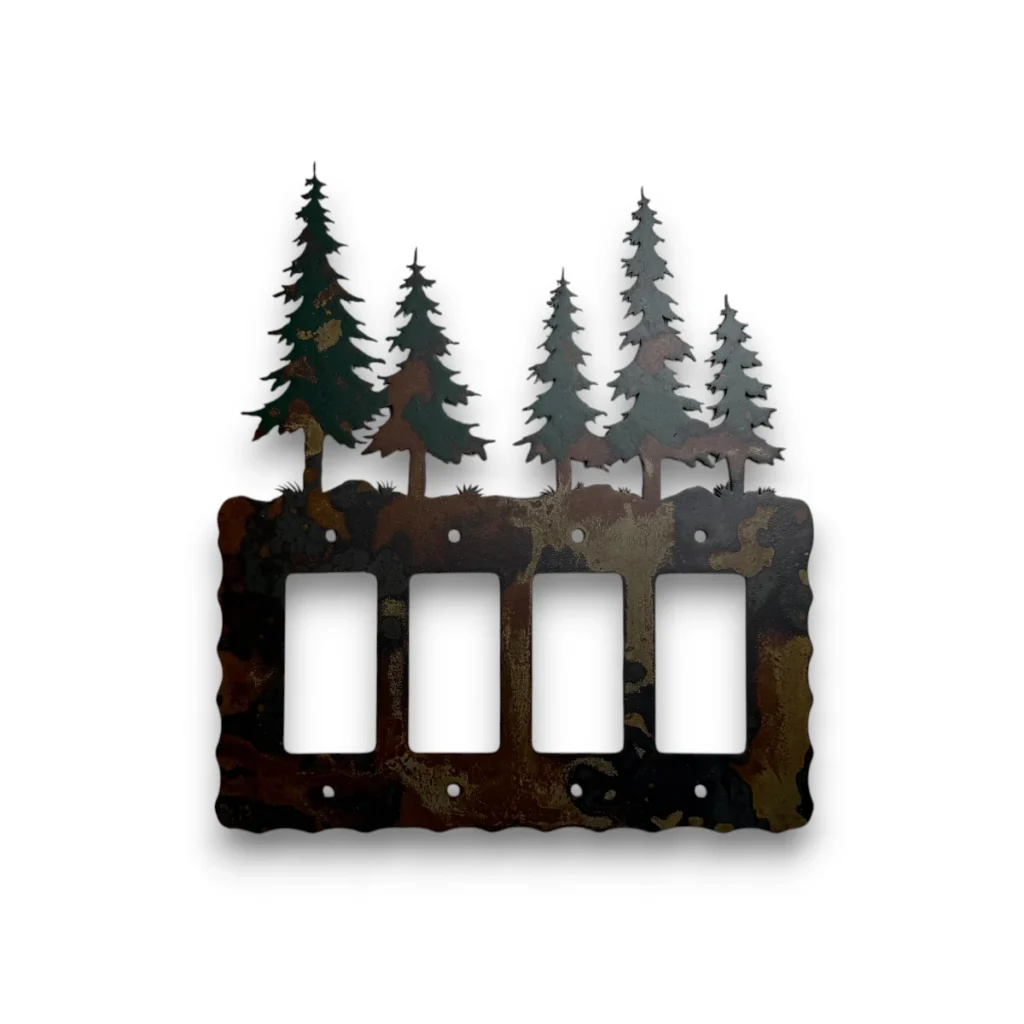 quad metal rocker light switch cover with pine trees