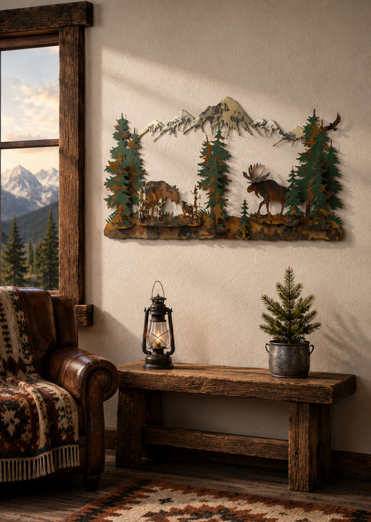 hand painted 3D metal art mountain scene
