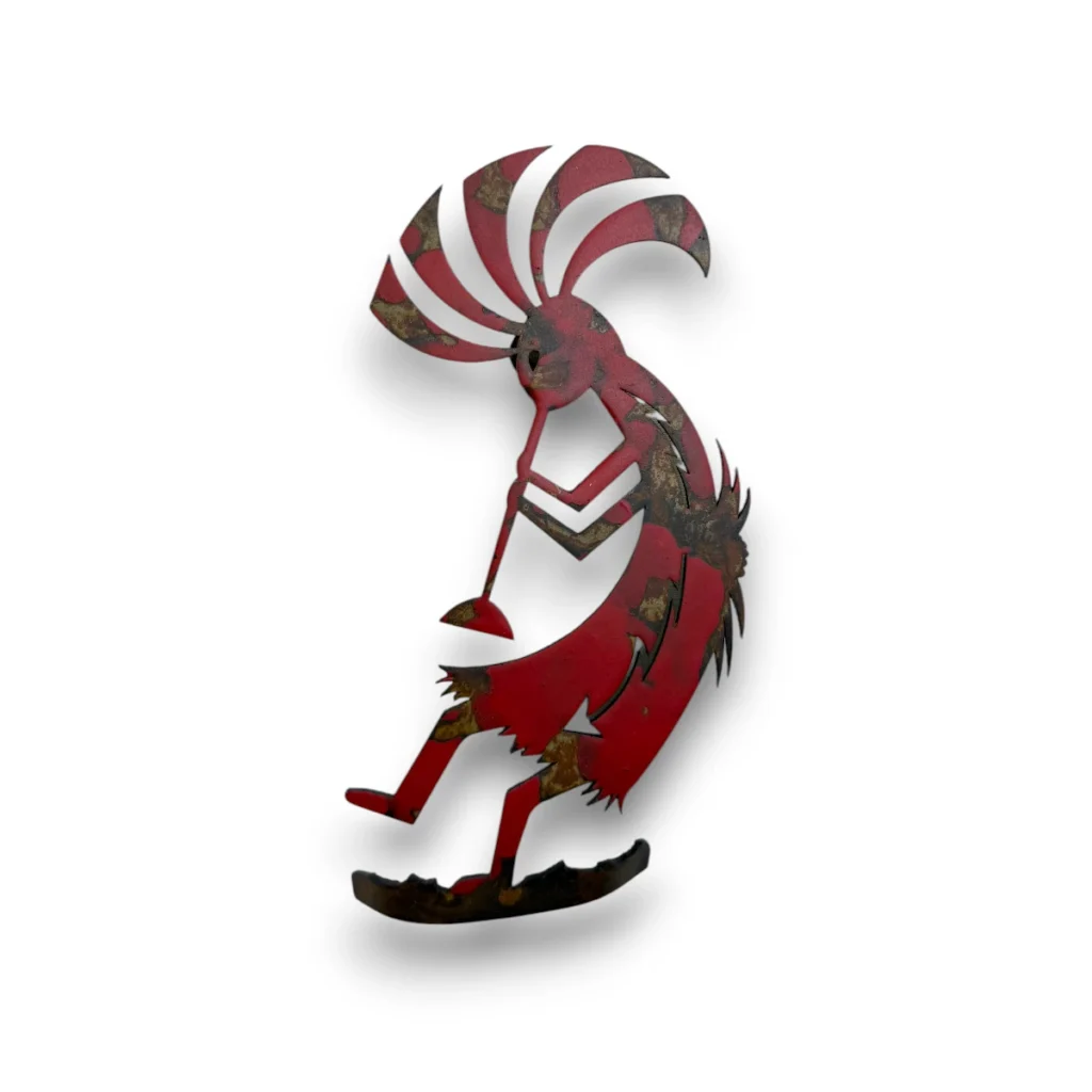 Hand-painted 3D metal Kokopelli wall art with red finish, rustic weathered detail, and Southwestern desert decor style.