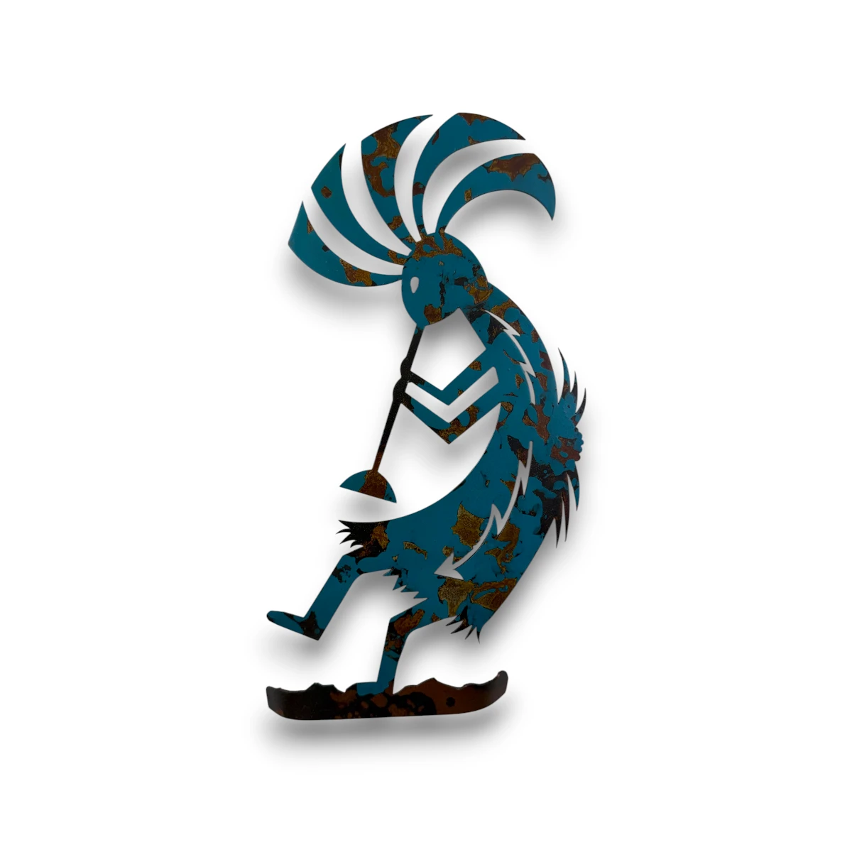 Blue turquoise hand-painted 3D metal Kokopelli wall art with rustic weathered texture, and Southwestern desert decor style.