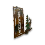 Side view of hand-painted 3D metal welcome wall art with elk, evergreen tree, rustic welcome sign, and mountain lodge decor style.