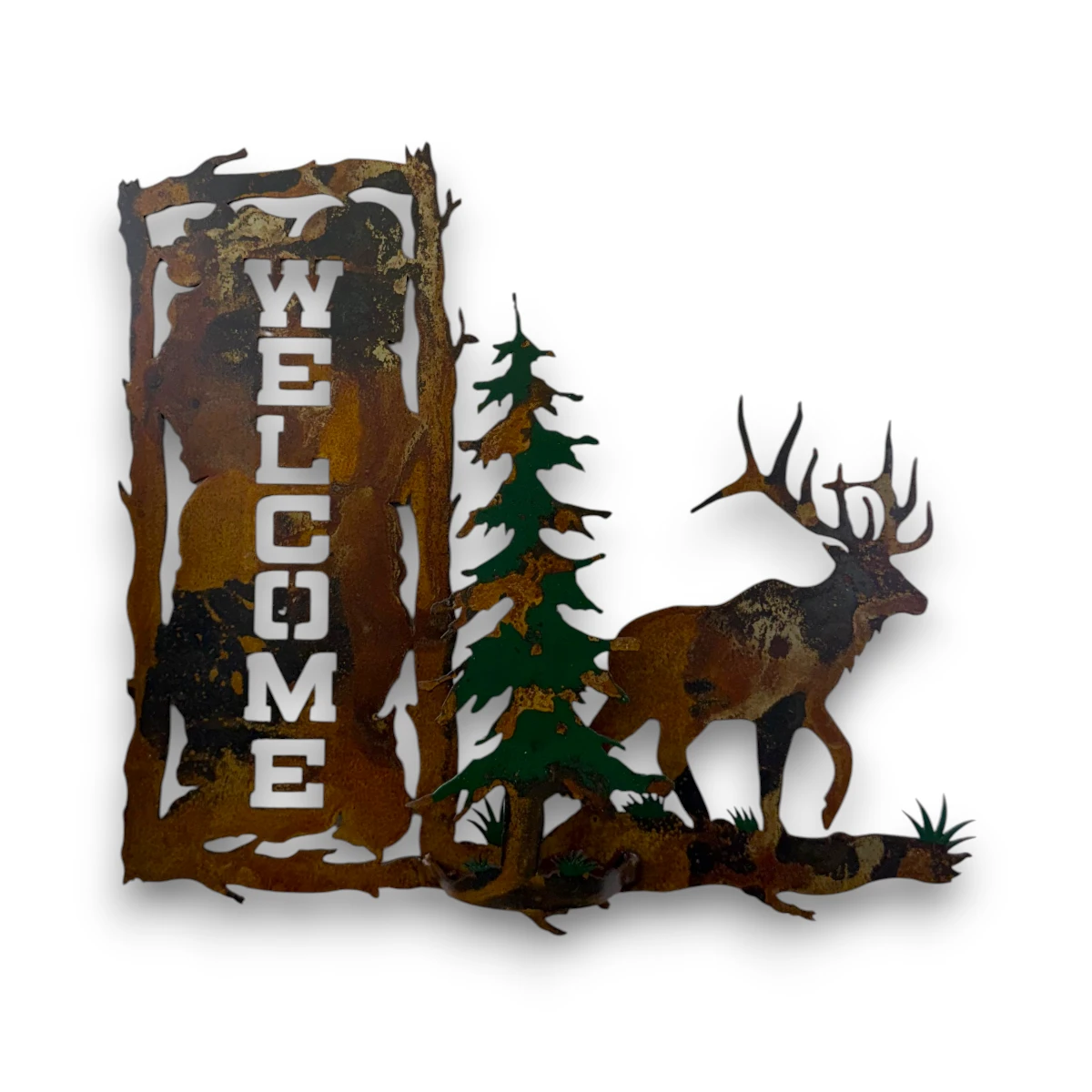 Hand-painted 3D metal welcome wall art with elk, evergreen tree, rustic welcome sign, and mountain lodge decor style.