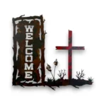 Red hand-painted 3D metal welcome wall art with red cross, desert flowers, rustic welcome sign, and western Christian home decor style.