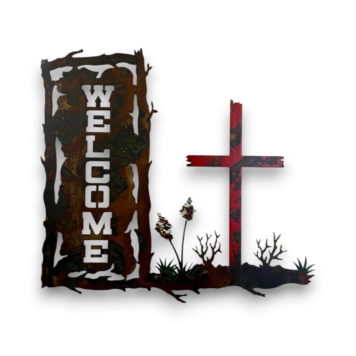 Red hand-painted 3D metal welcome wall art with red cross, desert flowers, rustic welcome sign, and western Christian home decor style.