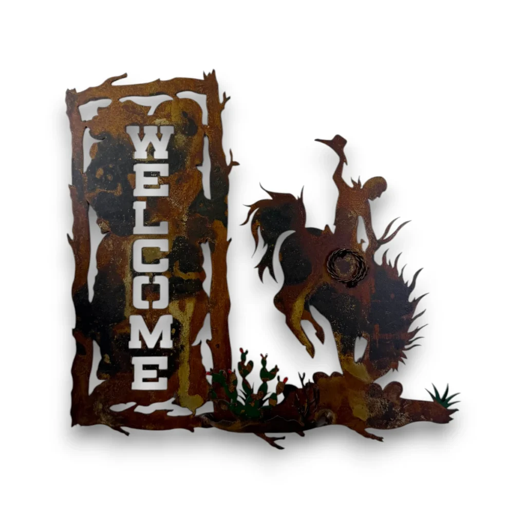 Hand-painted 3D metal welcome wall art with bronc rider, cactus, rustic welcome sign, and western rodeo decor style.