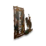 Side view hand-painted 3D metal welcome wall art with bronc rider, cactus, rustic welcome sign, and western rodeo decor style.