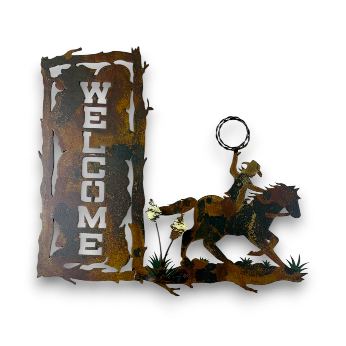 Hand-painted 3D metal welcome wall art with roping cowboy on horseback, rustic welcome sign, yucca flowers, and western ranch design.