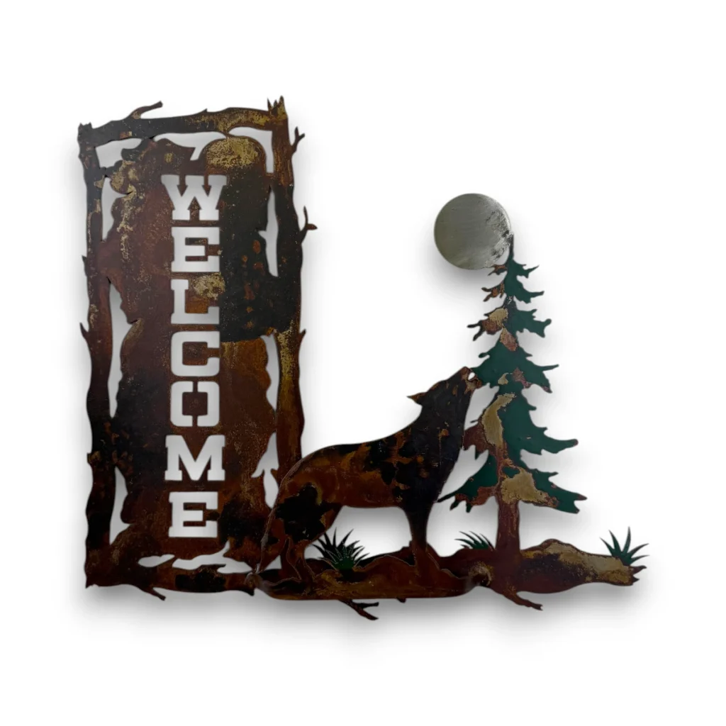 Hand-painted 3D metal welcome wall art with howling wolf, full moon, evergreen tree, and rustic cabin decor style.