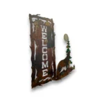 side view of hand-painted 3D metal welcome wall art with howling wolf, full moon, evergreen tree, and rustic cabin decor style.