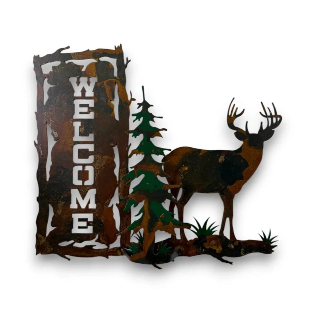 Hand-painted 3D metal welcome wall art with whitetail deer, evergreen tree, rustic welcome sign, and woodland cabin decor style.