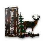 Hand-painted 3D metal welcome wall art with whitetail deer, evergreen tree, rustic welcome sign, and woodland cabin decor style.