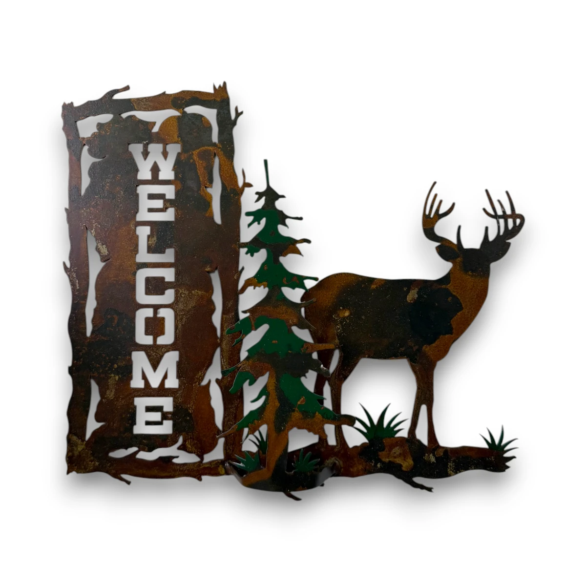 Hand-painted 3D metal welcome wall art with whitetail deer, evergreen tree, rustic welcome sign, and woodland cabin decor style.