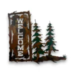 Hand-painted 3D metal welcome wall art with evergreen trees, rustic vertical welcome sign, and cabin woodland decor style.
