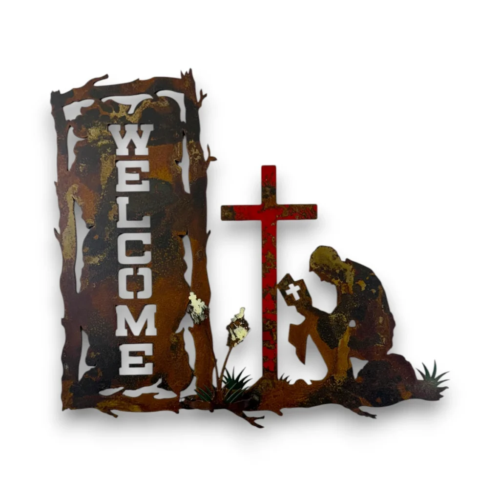 Hand-painted 3D metal welcome wall art with praying cowboy, red cross, desert plants