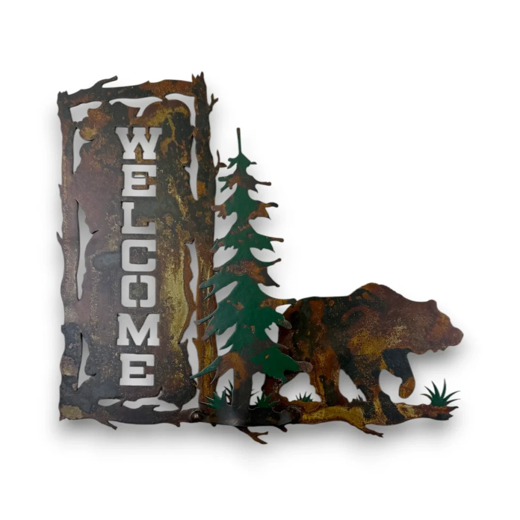 Hand-painted 3D metal welcome wall art with grizzly bear, evergreen tree, rustic welcome sign, and mountain cabin decor style.