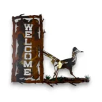 Hand-painted 3D metal welcome wall art with roadrunner, desert plants, rustic welcome sign, and Southwestern home decor style.