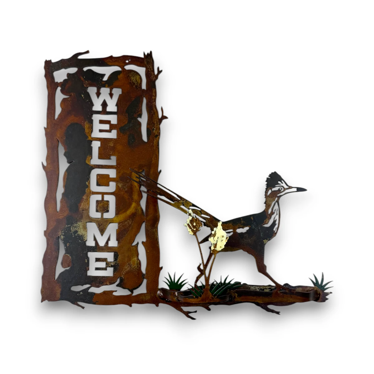 Hand-painted 3D metal welcome wall art with roadrunner, desert plants, rustic welcome sign, and Southwestern home decor style.
