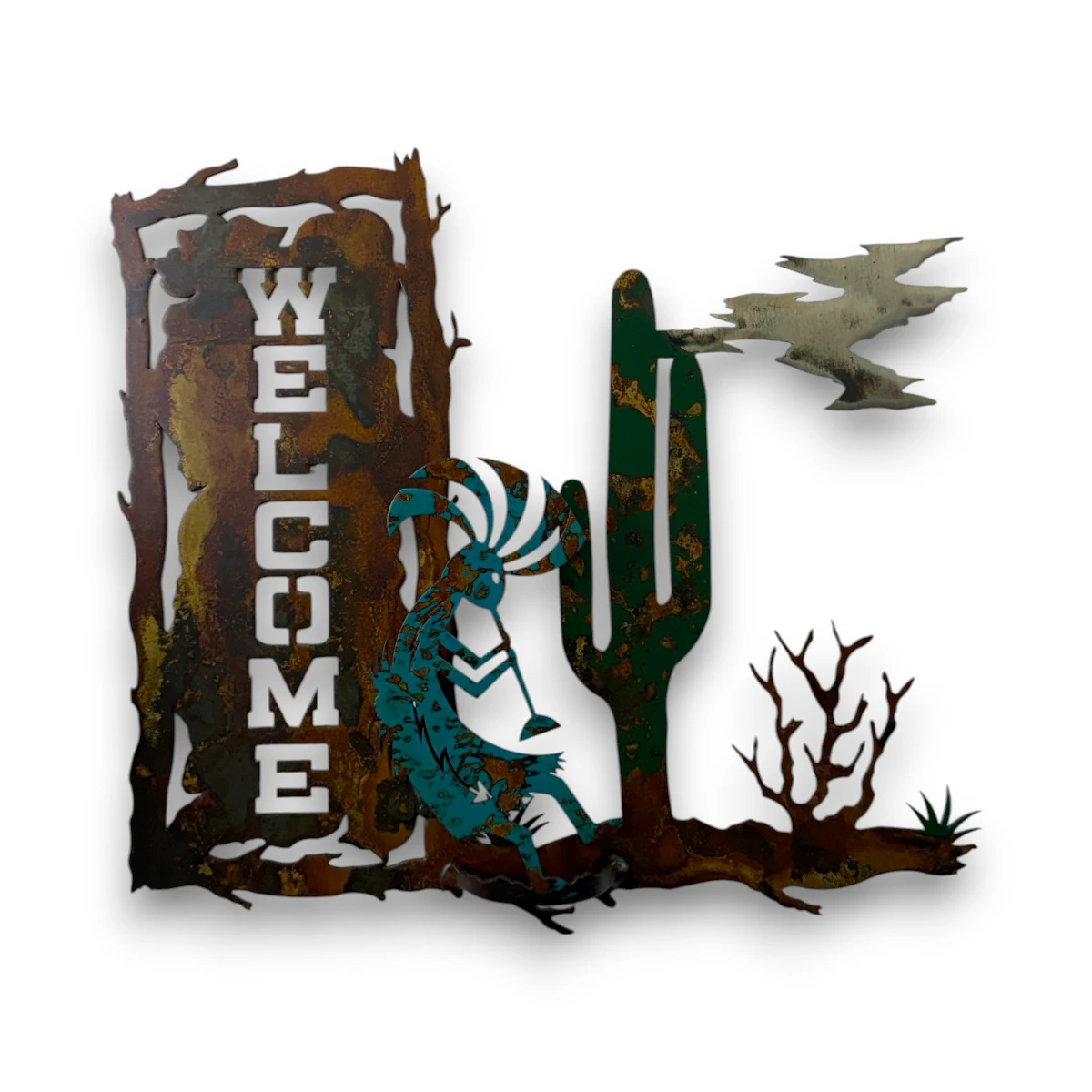 Hand-painted 3D metal welcome wall art with Kokopelli, cactus, turquoise accents, desert brush, and rustic Southwestern decor style.