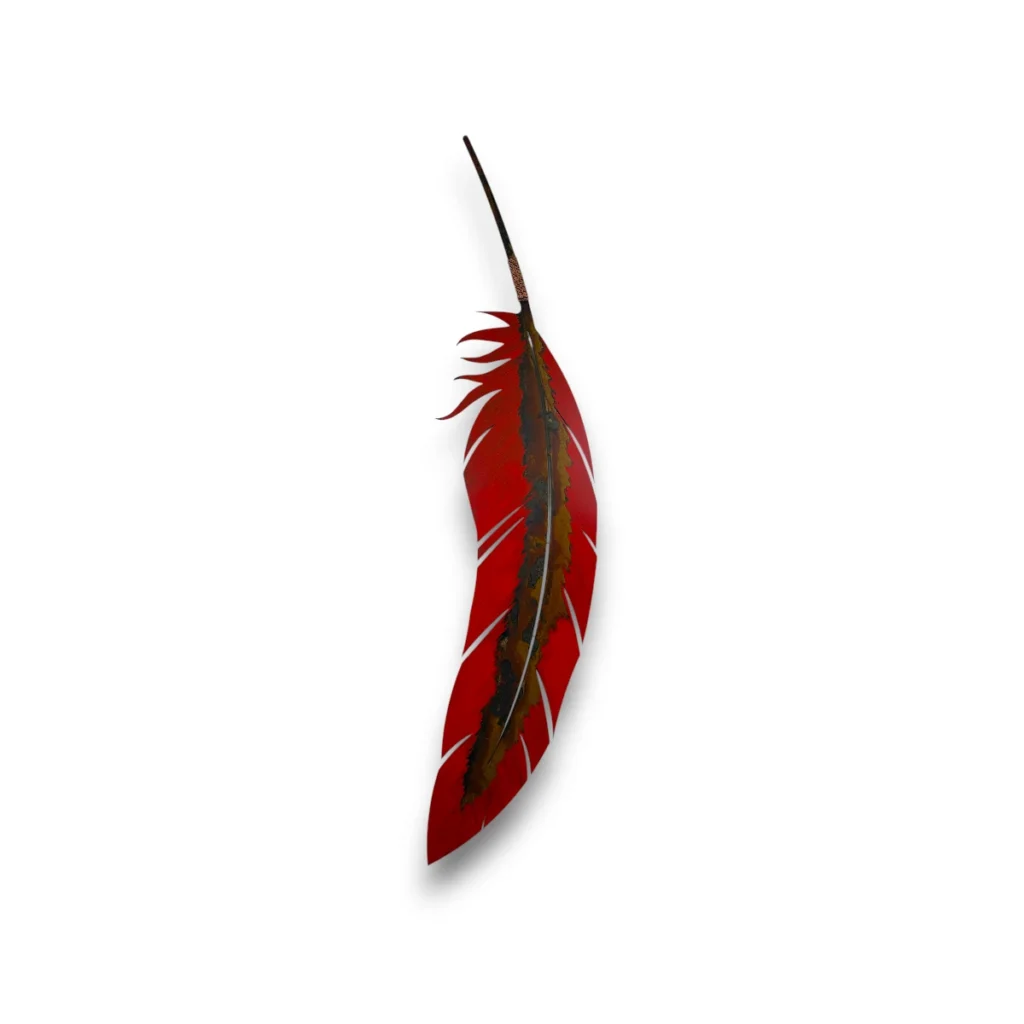 Hand-painted 72 inch red metal feather wall art with rustic weathered finish and Southwestern 3D metal decor style.