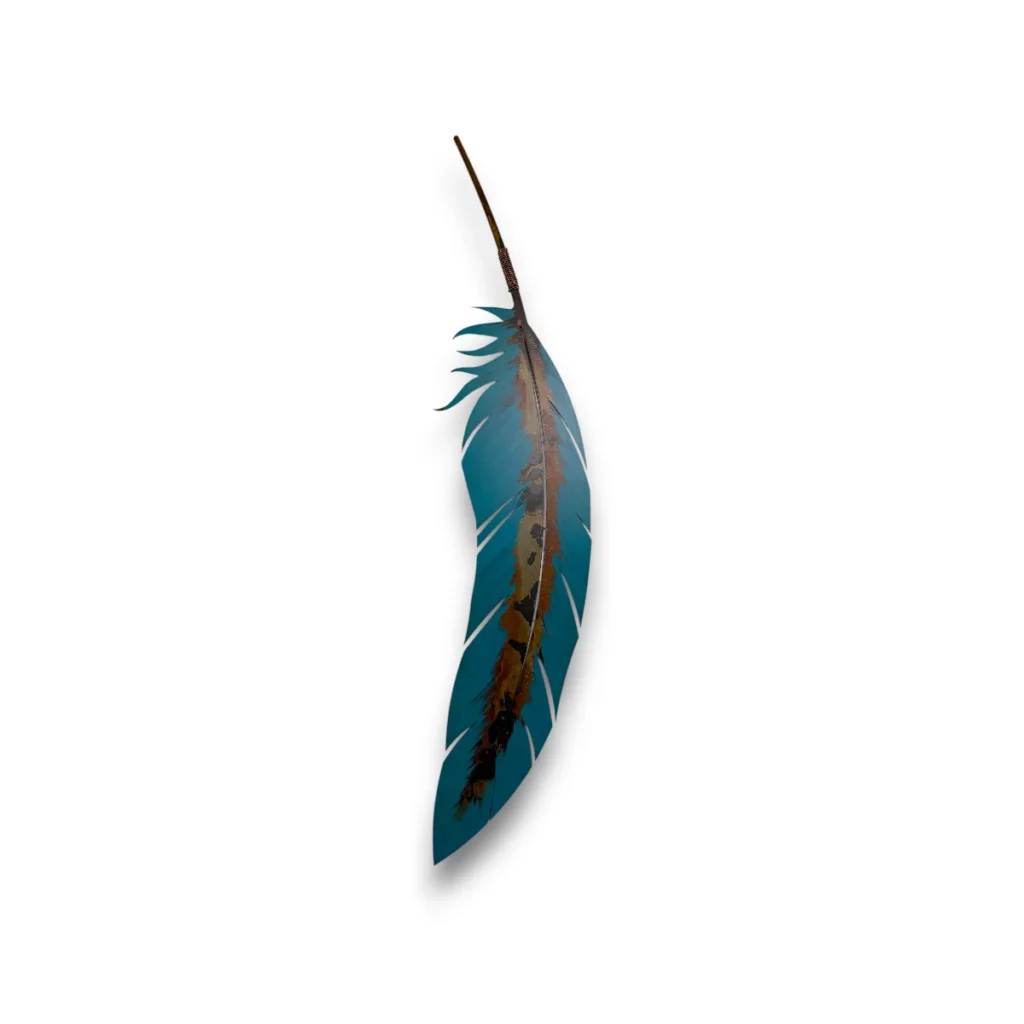 Hand-painted 48 inch blue turquoise metal feather wall art with rustic weathered finish and Southwestern decor style.