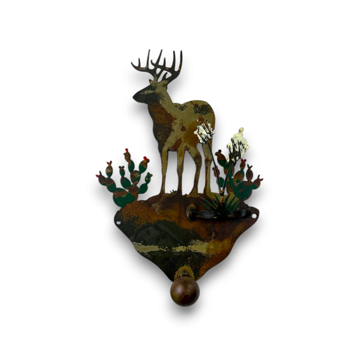 Front view of hand-painted 3D metal single coat hook with white-tailed deer, cactus, yucca flowers, and rustic Southwestern design.