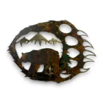 Hand-painted 18 inch 3D metal bear paw wall art with bear, mountain peaks, evergreen tree, and rustic cabin wildlife decor.