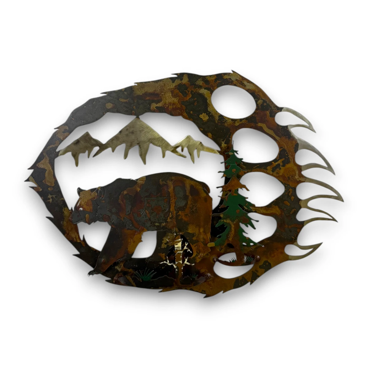 Hand-painted 18 inch 3D metal bear paw wall art with bear, mountain peaks, evergreen tree, and rustic cabin wildlife decor.